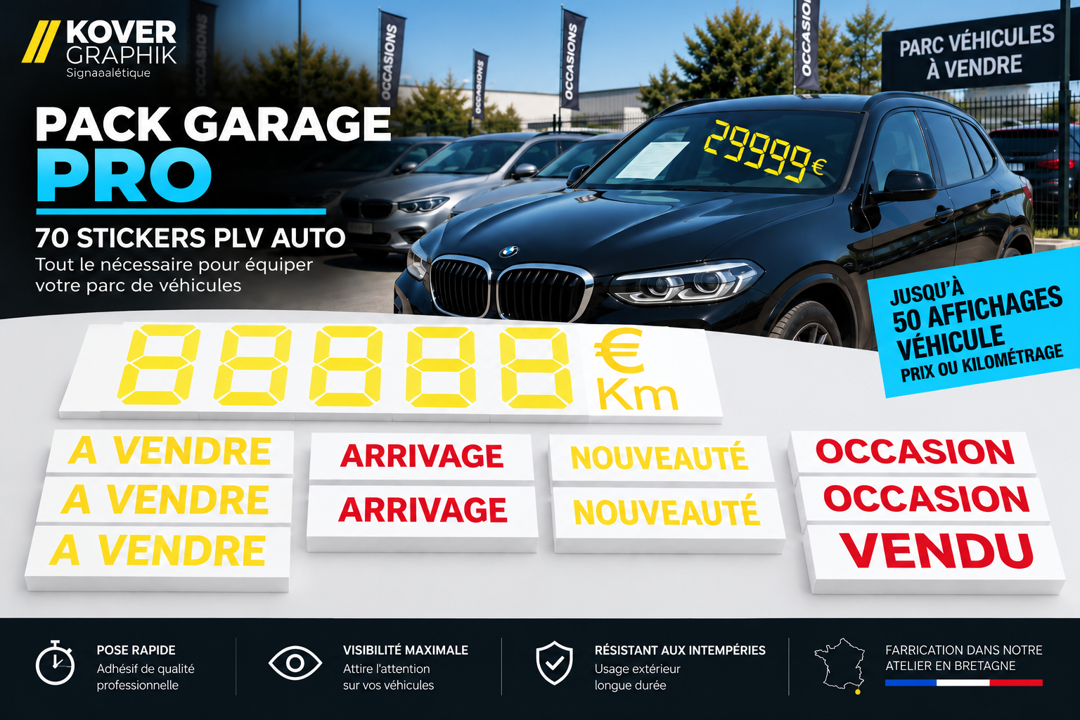 Pack Garage Pro – 70 Stickers PLV Auto | 50 Affichages Prix & Kilométrage + Stickers Vente & Statut Véhicule