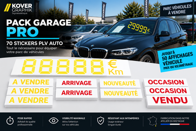 Pack Garage Pro – 70 Stickers PLV Auto | 50 Affichages Prix & Kilométrage + Stickers Vente & Statut Véhicule