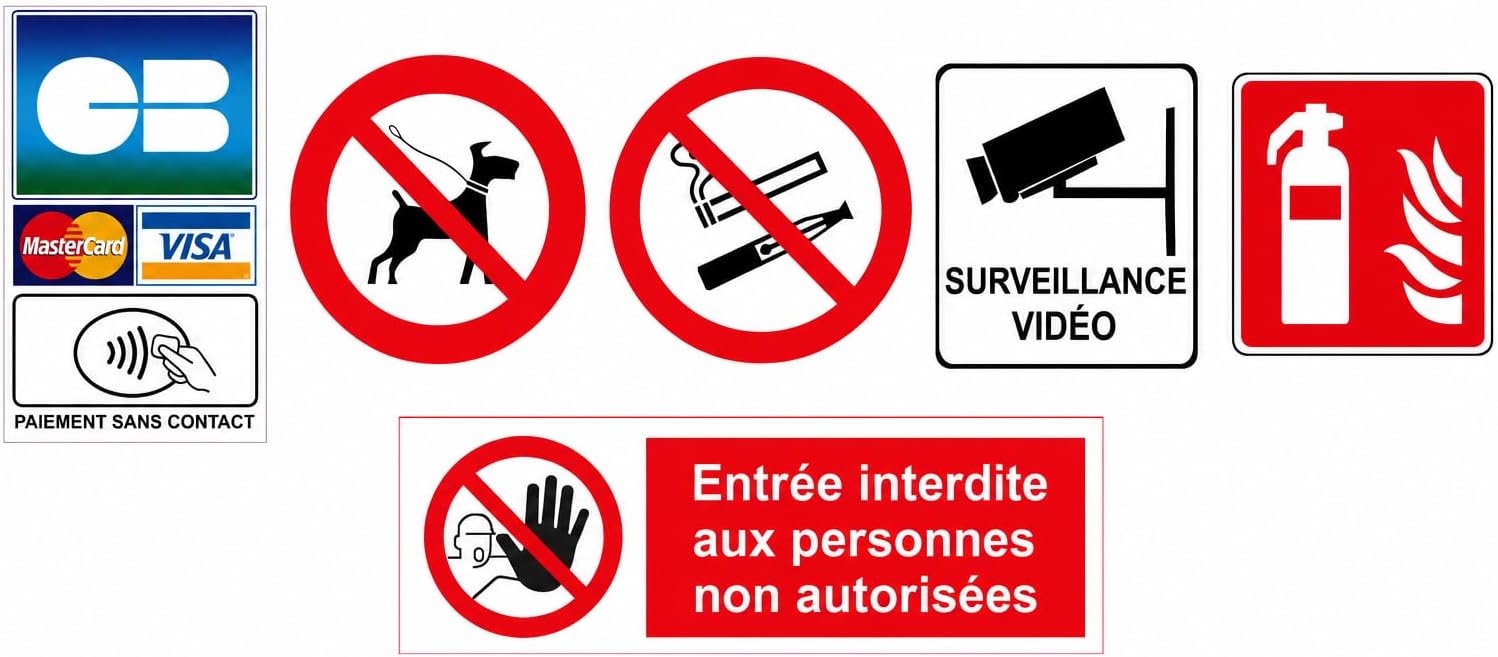 Kit Signalétique Commerce Boutique – 6 Éléments Obligatoires | CB, Vidéosurveillance, Interdictions, Extincteur | Prêt à Poser