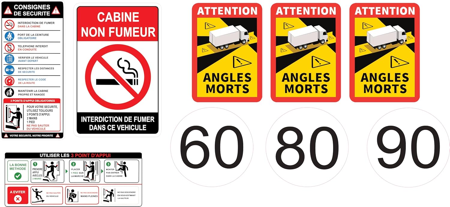 Kit Signalétique Chauffeur Poids Lourds – Angles Morts 25x17cm, Disques Vitesse Ø20cm, Consignes Cabine | Conforme Réglementation PL