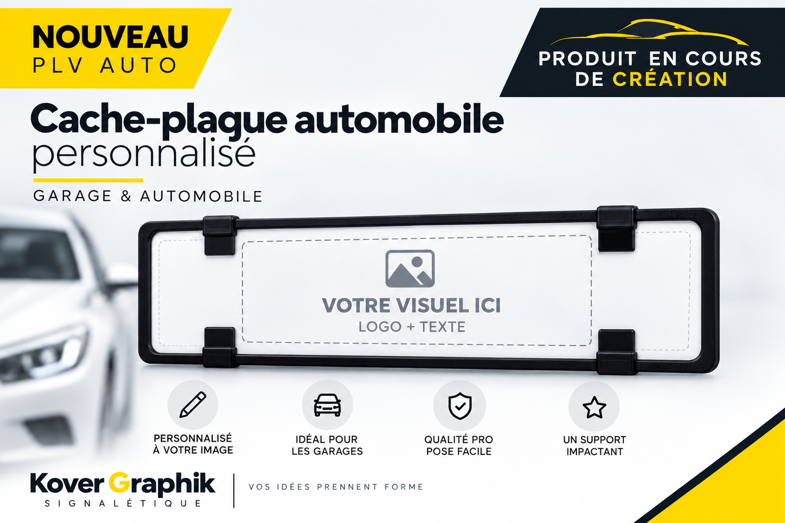 Cache-Plaque Automobile Personnalisé 520 x 110 mm avec 4 Clips – | PLV Garage & Concession
