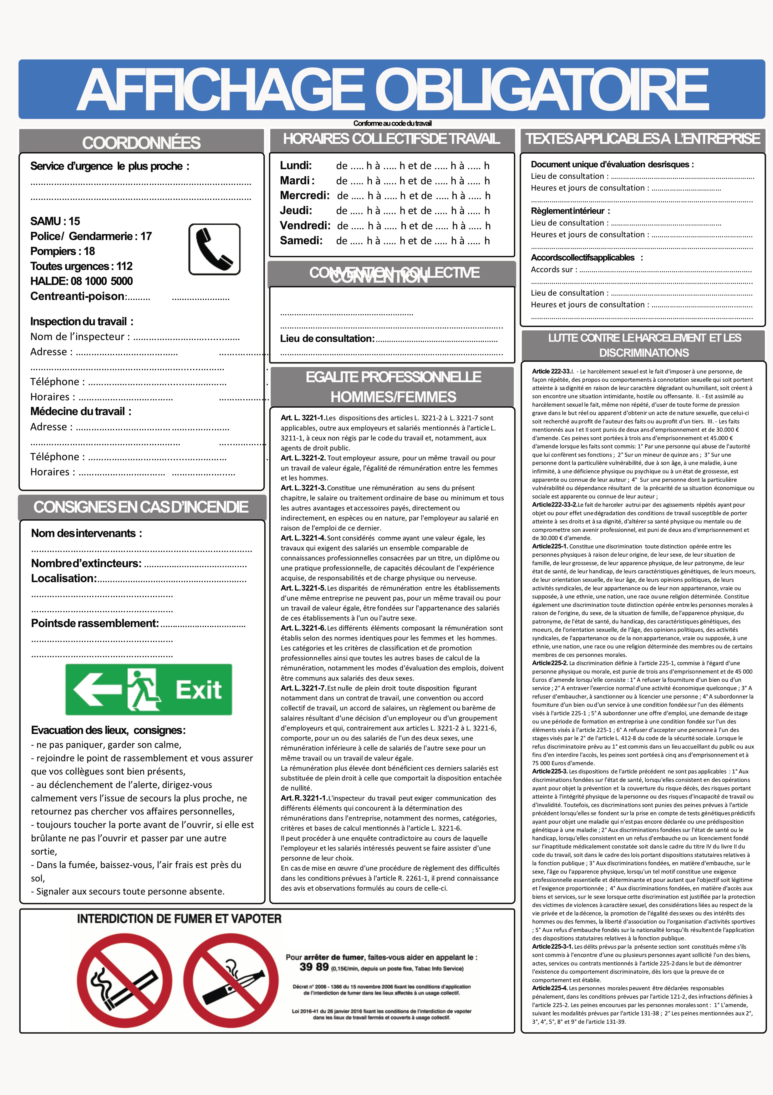 Affichage Obligatoire Entreprise A3 – Panneau Conforme Code du Travail