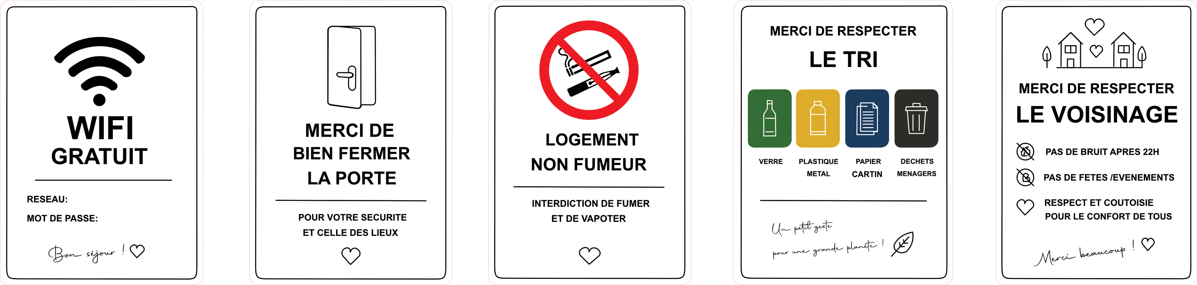Kit Airbnb Essential – 5 Panneaux pour Location Saisonnière | Sticker | Signalétique Moderne Airbnb
