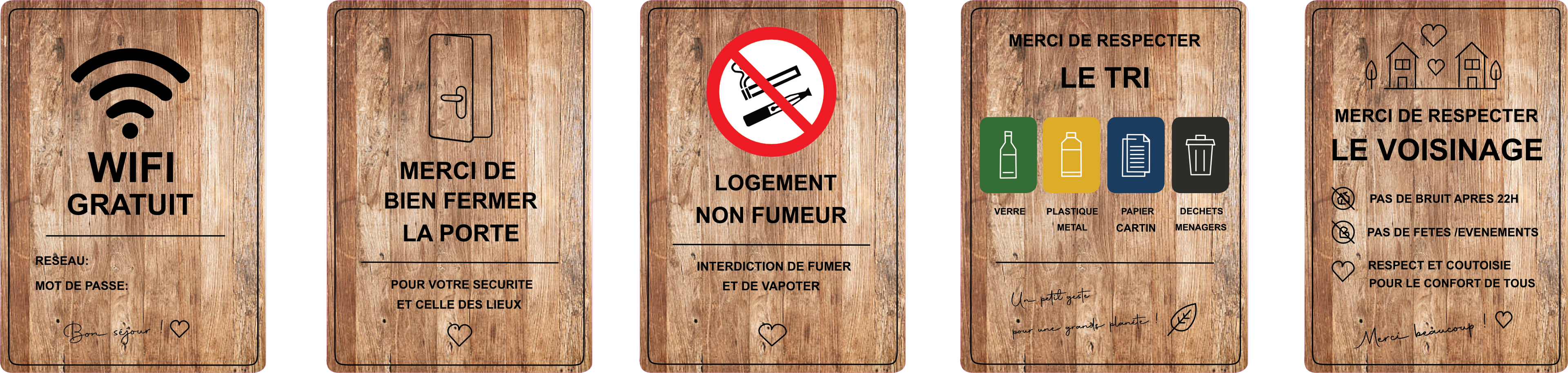 Pack Airbnb Style Bois Naturel – Lot de 5 Plaques pvc pour Chalet, Gîte et Location Saisonnière