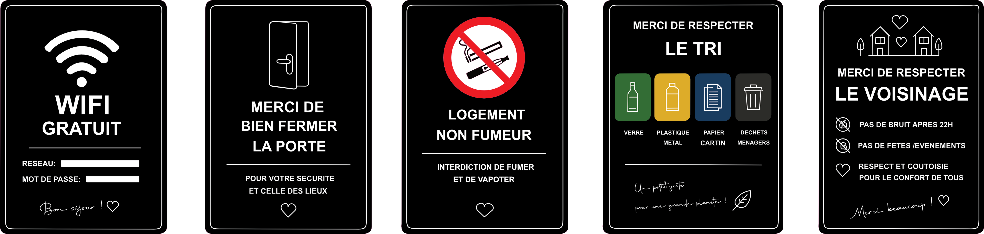 Pack Airbnb Premium Noir – Lot de 5 Plaques pvc pour Location Saisonnière – Wifi, Non Fumeur, Tri, Voisinage, Porte