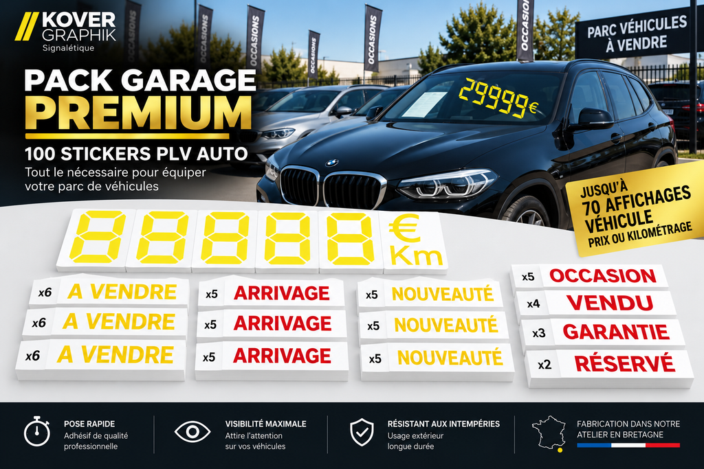 Pack Garage Premium – 100 Stickers PLV Auto | 70 Affichages Prix & Kilométrage + Stickers Vente & Statut Véhicule