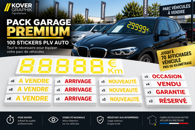 Pack Garage Premium – 100 Stickers PLV Auto | 70 Affichages Prix & Kilométrage + Stickers Vente & Statut Véhicule