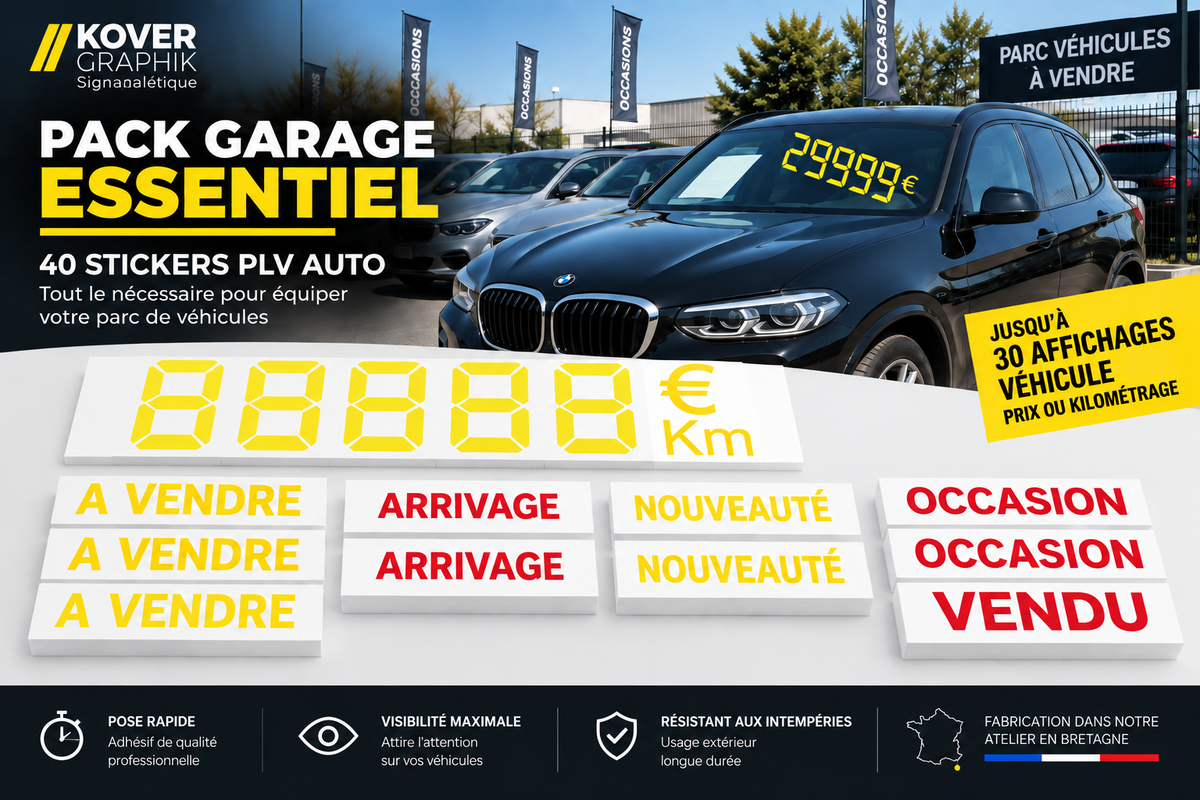 Pack Garage Essentiel – 40 Stickers PLV Auto | 30 Affichages Prix & Kilométrage + Stickers À Vendre, Occasion, Arrivage