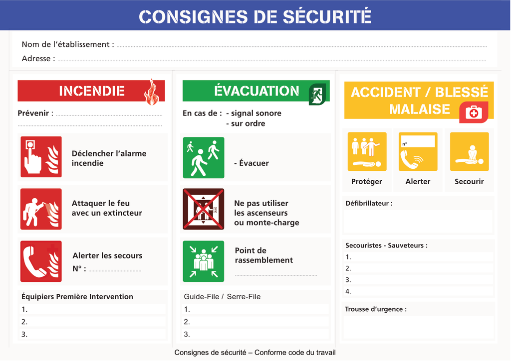 Consignes de Sécurité A3 – Panneau Incendie, Évacuation et Premiers Secours