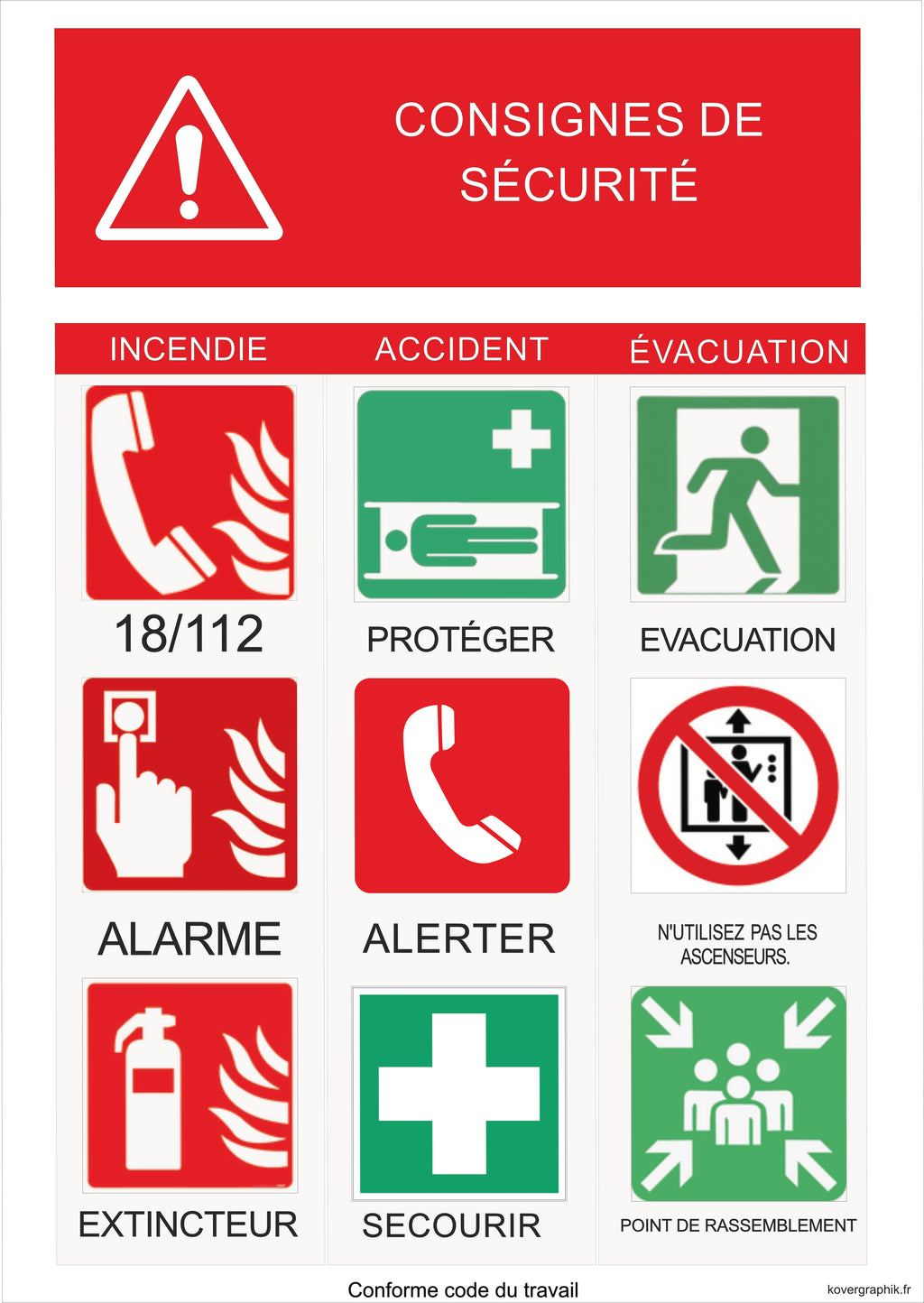 Panneau pvc Consignes de Sécurité A3 – Affichage Sécurité Incendie et Évacuation Conforme