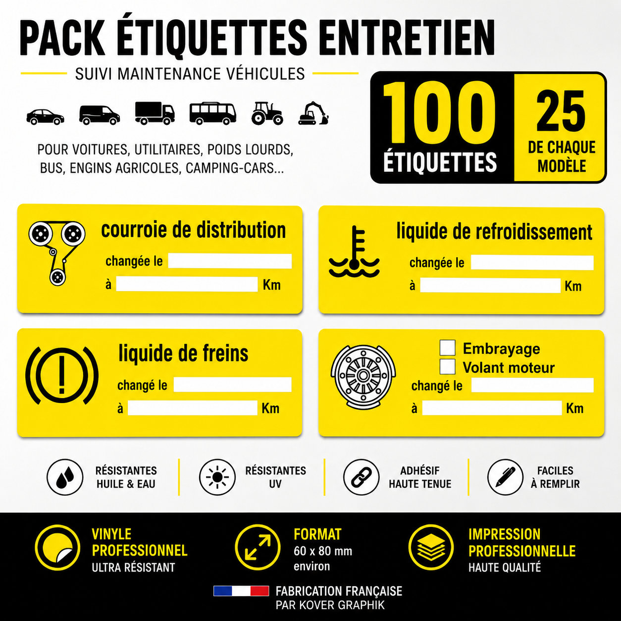 Pack 100 Étiquettes Entretien Véhicule – Courroie, Freins, Refroidissement, Embrayage