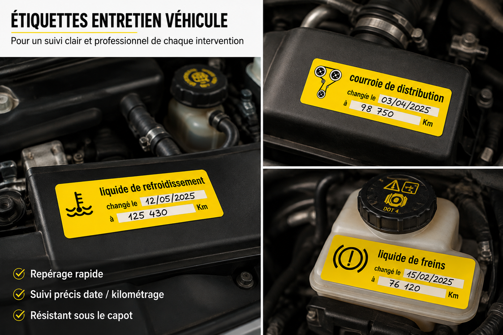 Pack 100 Étiquettes Entretien Véhicule – Courroie, Freins, Refroidissement, Embrayage