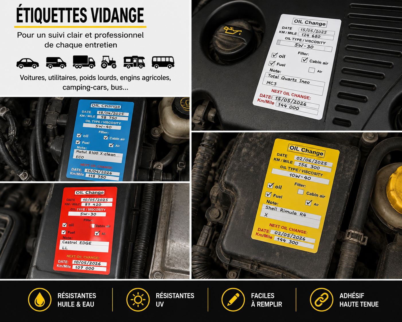 Étiquettes Vidange Huile – 150 Étiquettes Autocollantes – 4 Couleurs au Choix – Suivi Entretien Véhicule – Date, Kilométrage, Huile & Filtres