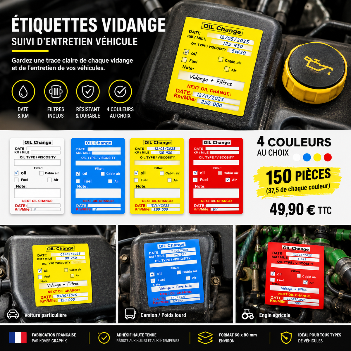 Étiquettes Vidange Huile – 150 Étiquettes Autocollantes – 4 Couleurs au Choix – Suivi Entretien Véhicule – Date, Kilométrage, Huile & Filtres