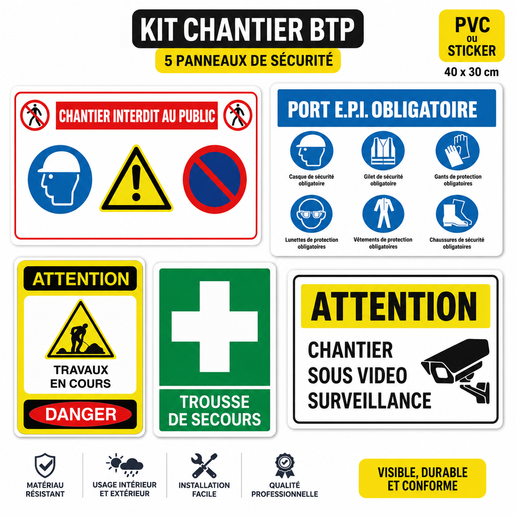 Kit Chantier BTP – 5 Panneaux de Sécurité Professionnels | Sticker | Signalisation Chantier Complète