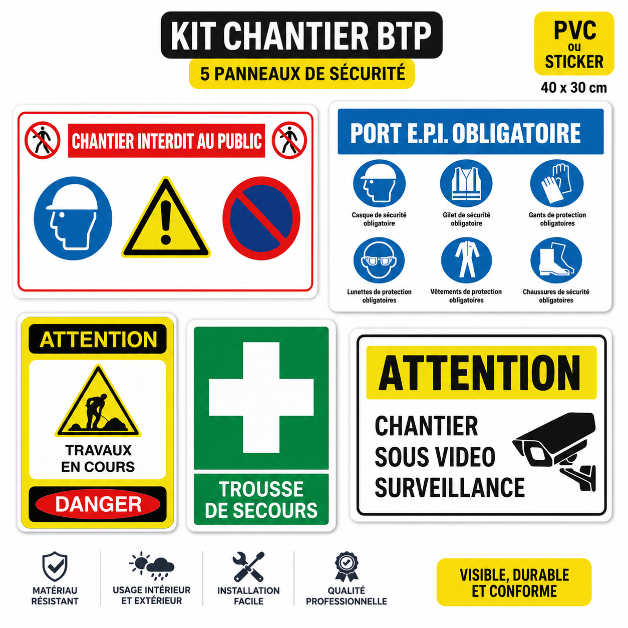 Kit Chantier BTP – 5 Panneaux de Sécurité Professionnels | Sticker | Signalisation Chantier Complète