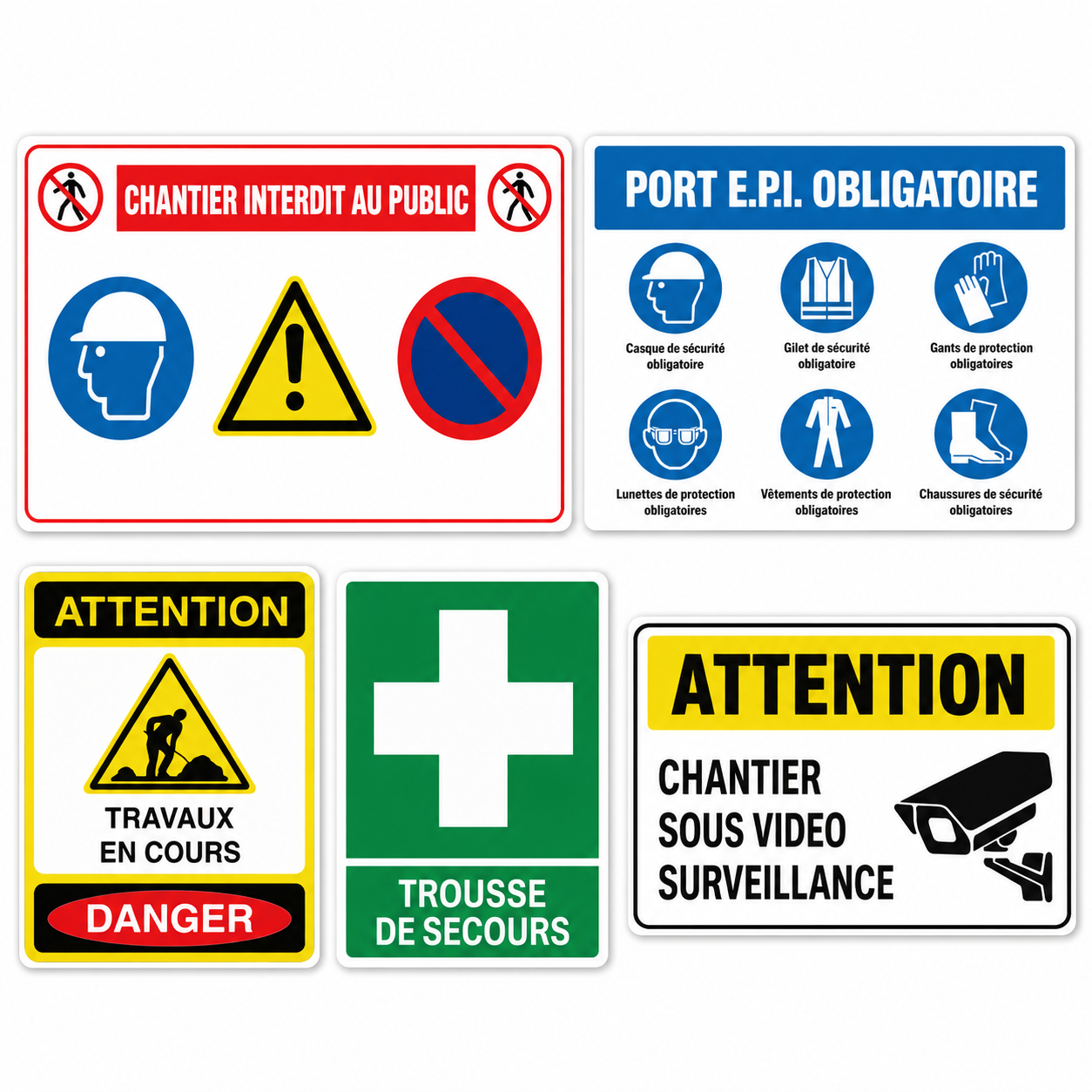 Kit Chantier BTP – 5 Panneaux de Sécurité Professionnels | Sticker | Signalisation Chantier Complète