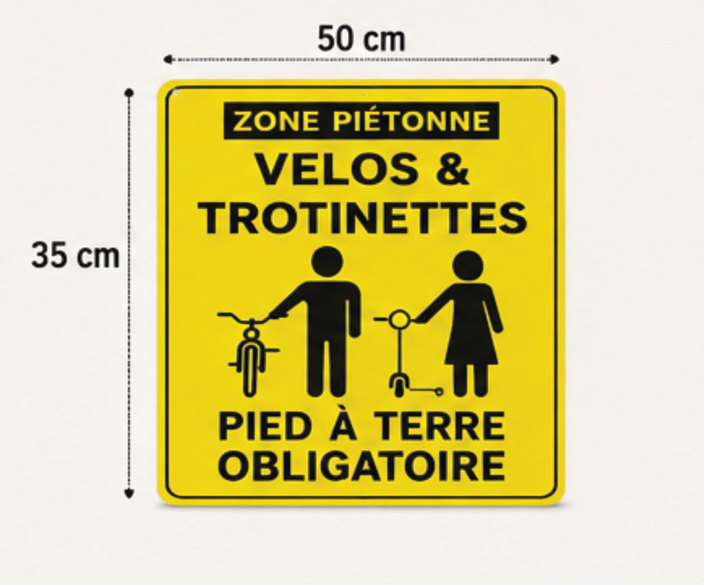 Panneau pvc 3 mm 50 x 35 cm Zone Piétonne Vélo & Trottinette – Pied à Terre Obligatoire
