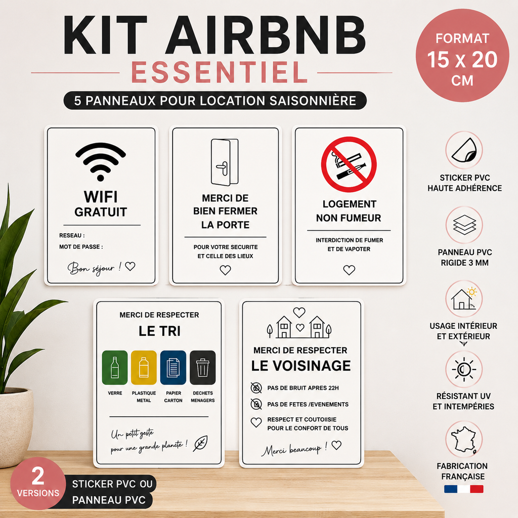 Kit Airbnb Essential – 5 Panneaux pour Location Saisonnière | Sticker | Signalétique Moderne Airbnb