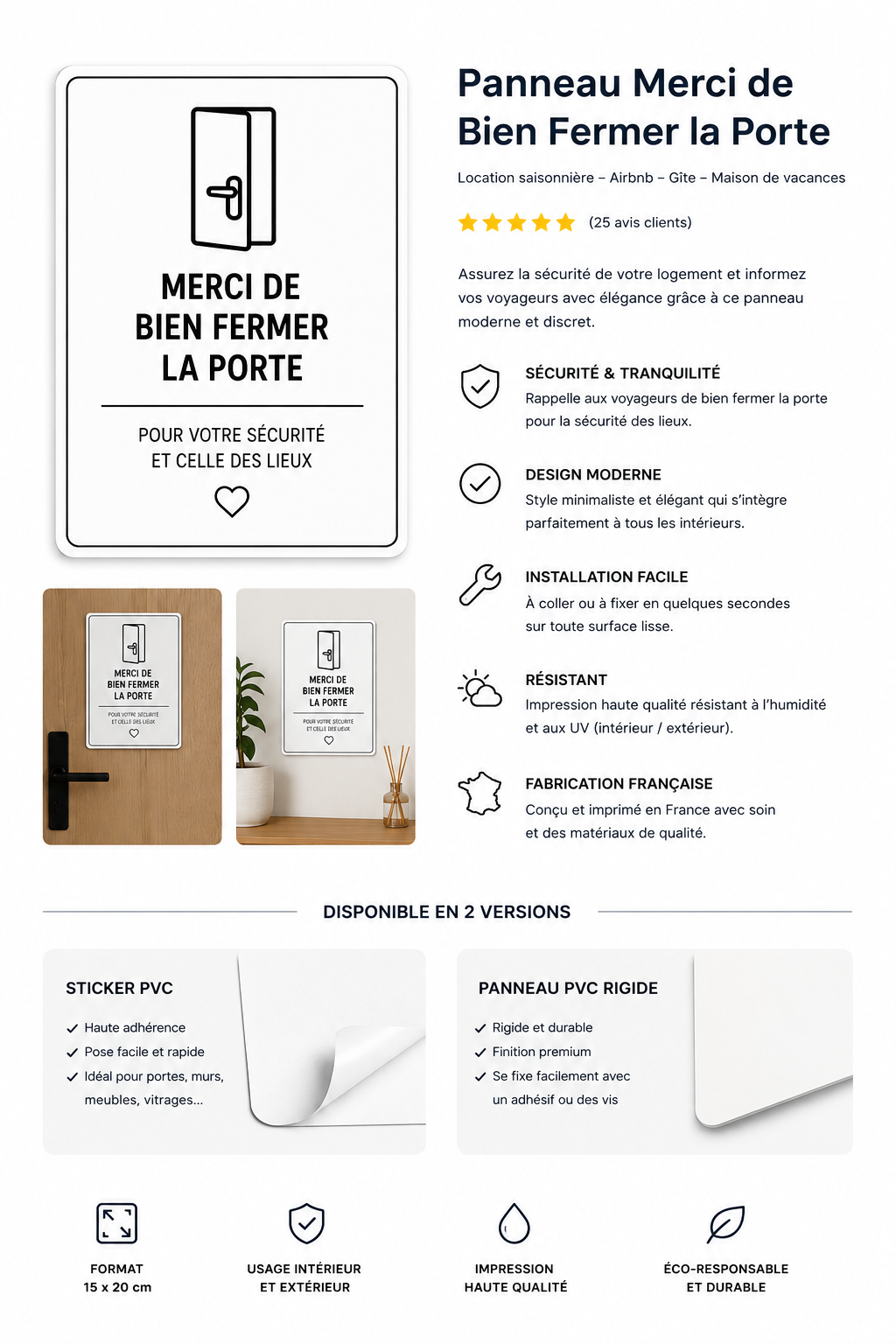 Panneau Merci de Bien Fermer la Porte – 15 x 20 cm – panneau PVC – Signalétique Airbnb Moderne