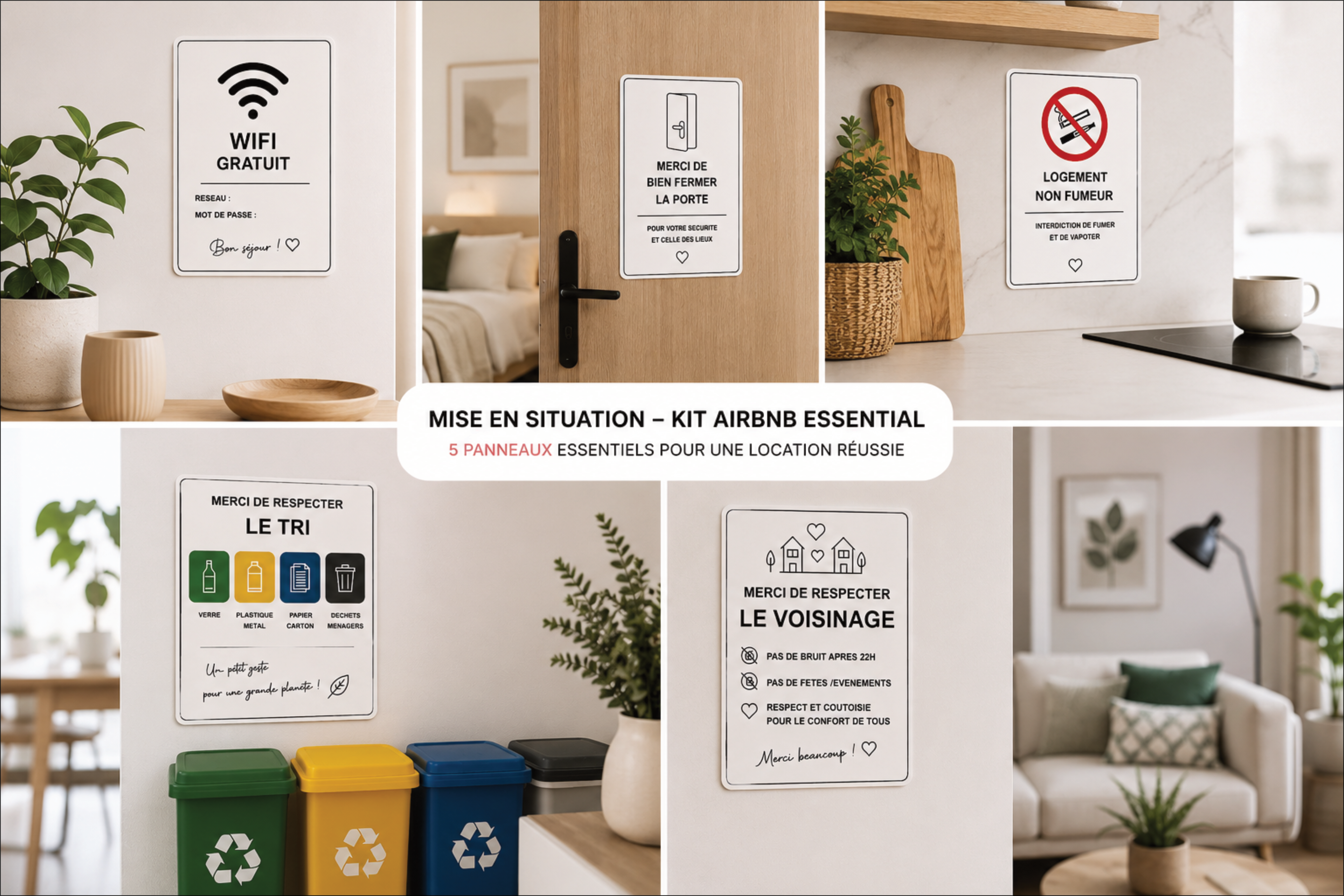 Kit Airbnb Essential – 5 Panneaux pour Location Saisonnière | Sticker | Signalétique Moderne Airbnb