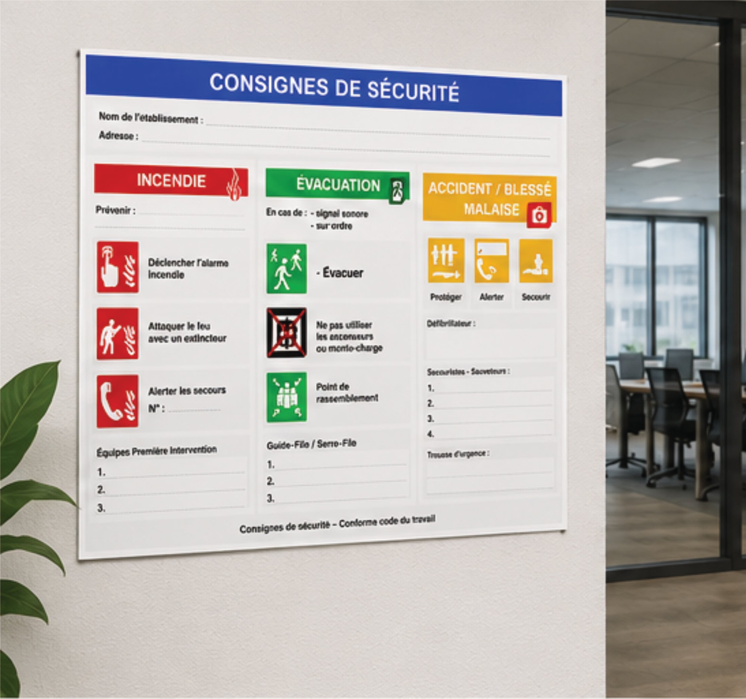 Consignes de Sécurité A3 – Panneau Incendie, Évacuation et Premiers Secours