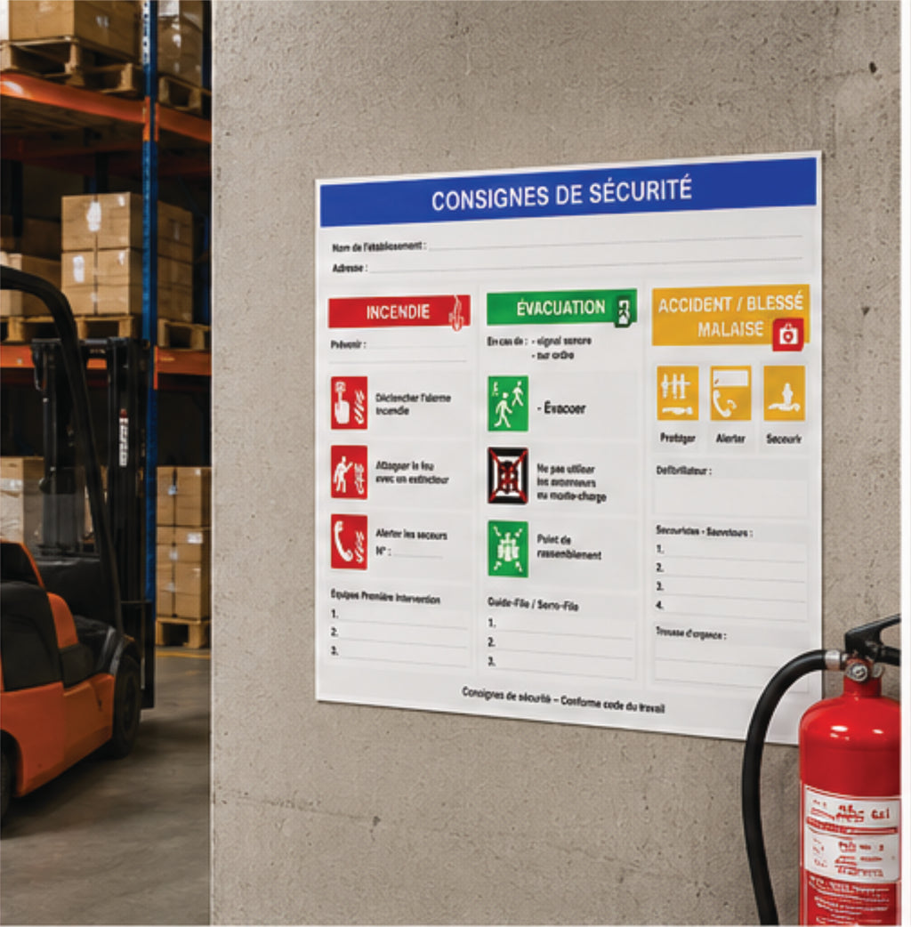 Consignes de Sécurité A3 – Panneau Incendie, Évacuation et Premiers Secours