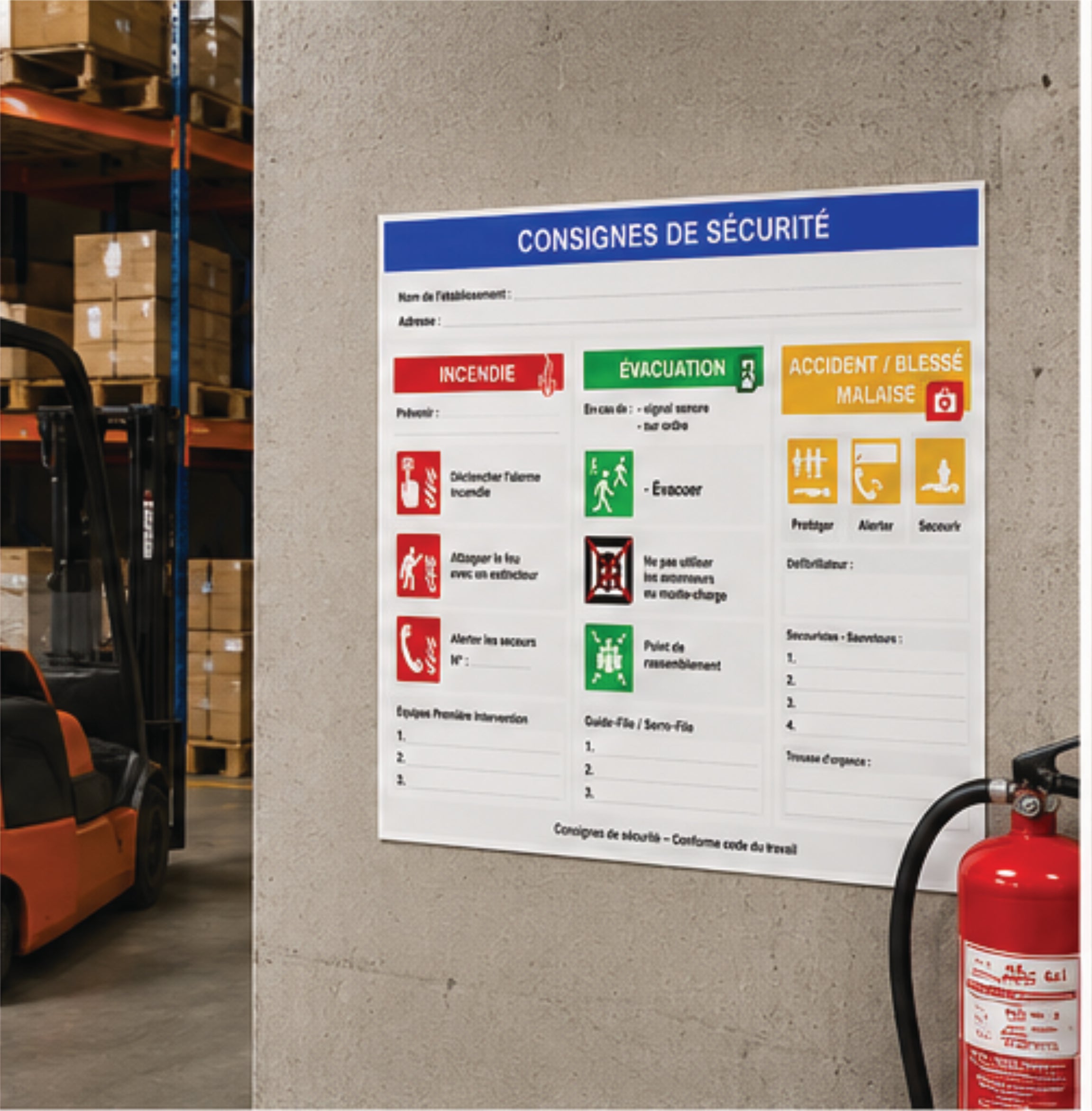 Consignes de Sécurité A3 – Panneau Incendie, Évacuation et Premiers Secours