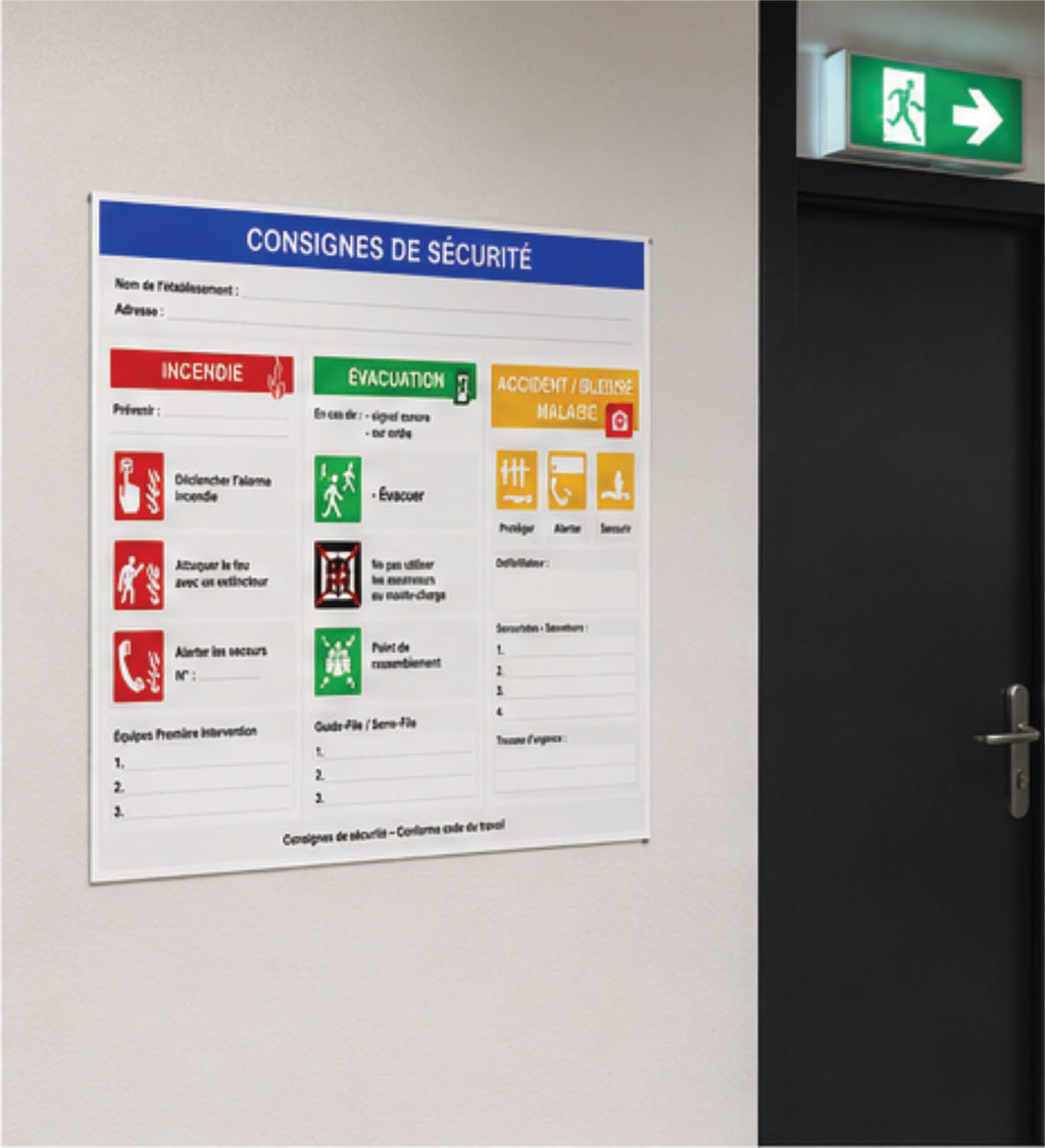 Consignes de Sécurité A3 – Panneau Incendie, Évacuation et Premiers Secours