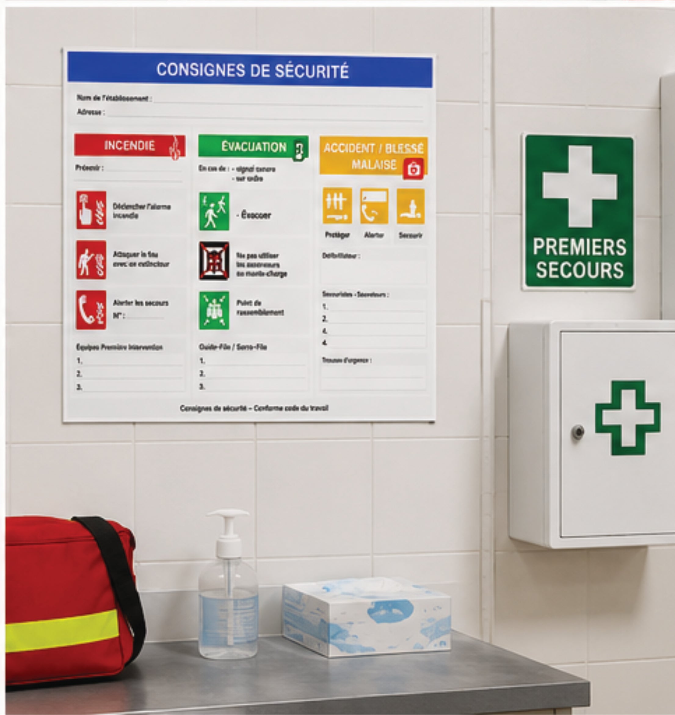Consignes de Sécurité A3 – Panneau Incendie, Évacuation et Premiers Secours