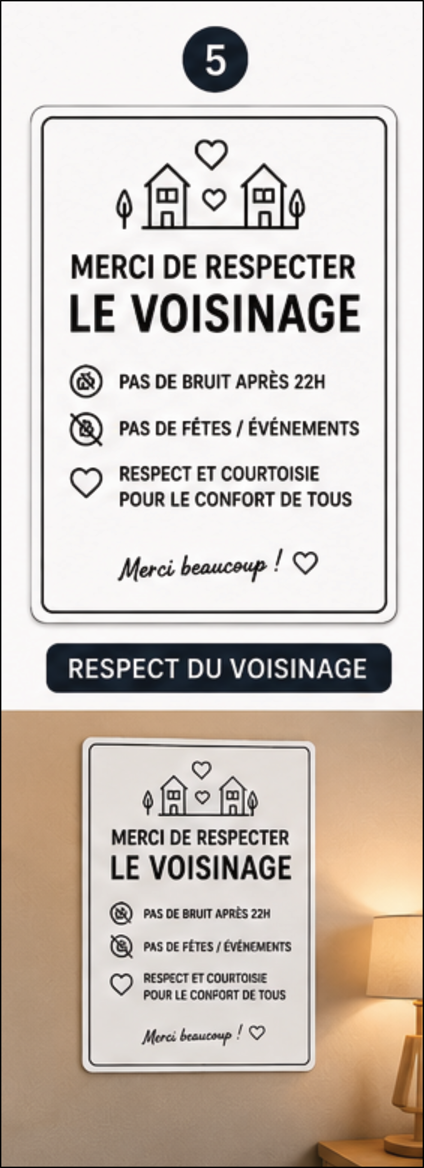 Panneau Merci de Respecter le Voisinage – 15 x 20 cm – panneau pvc – Signalétique Airbnb Moderne