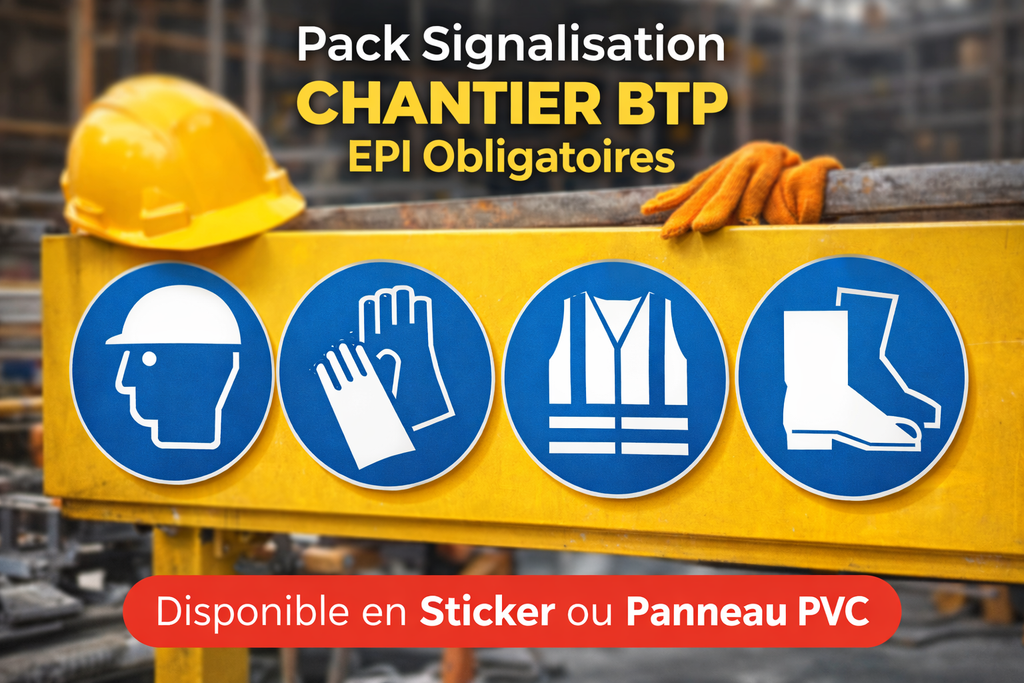 Pack Signalisation EPI Chantier BTP – Casque Gants Chaussures | Sticker ou Panneau PVC