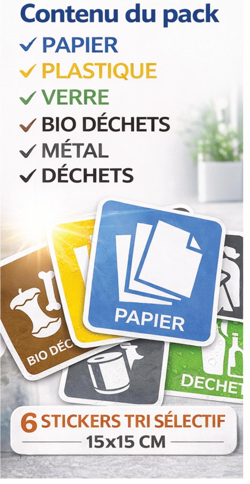 Pack 6 Stickers Tri Sélectif – Papier, Plastique, Verre, Métal, Biodéchets, Déchets