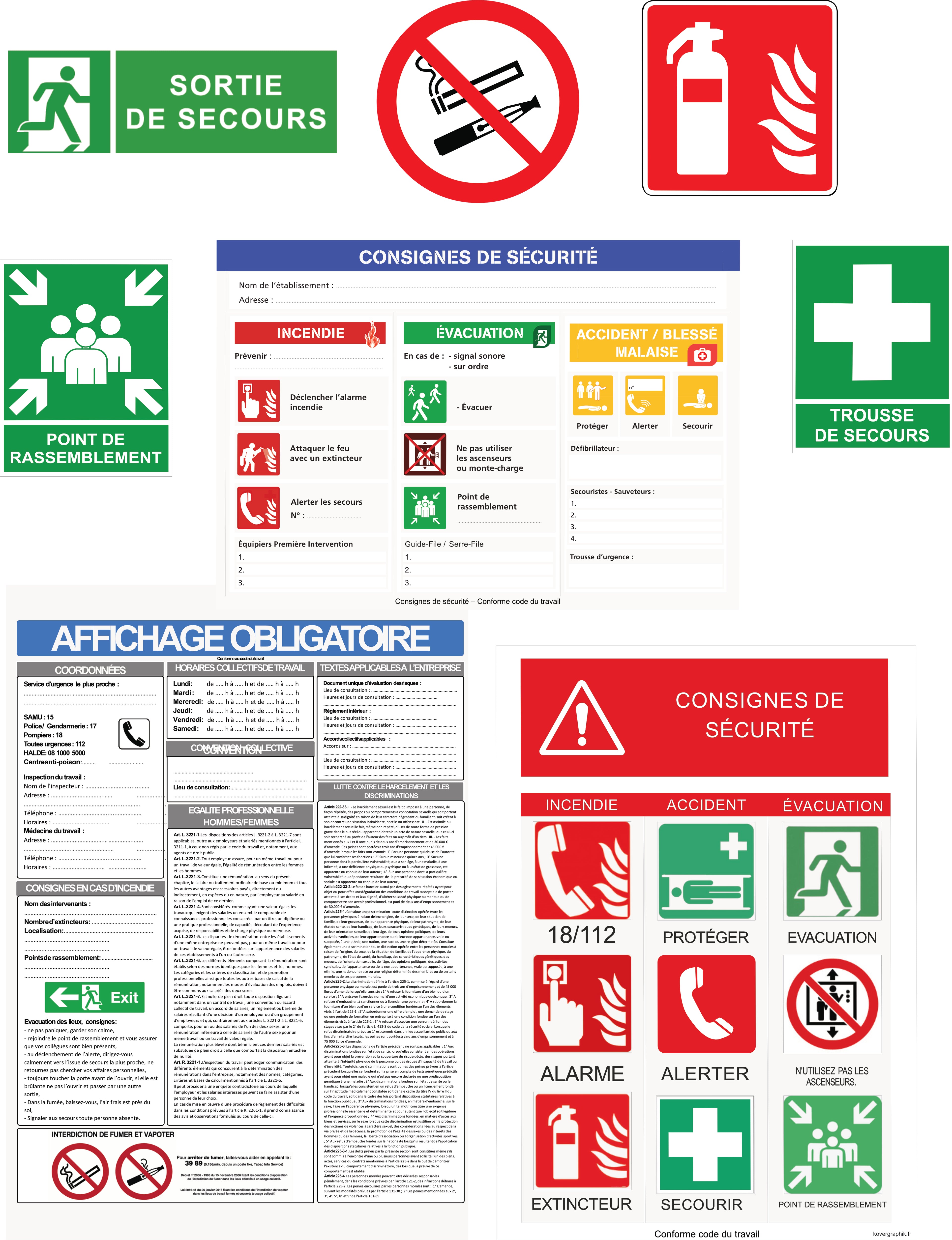 Kit Conformité Totale Entreprise – 8 Éléments Signalétique + Affichage Obligatoire Complet | Conforme Code du Travail & ISO 7010