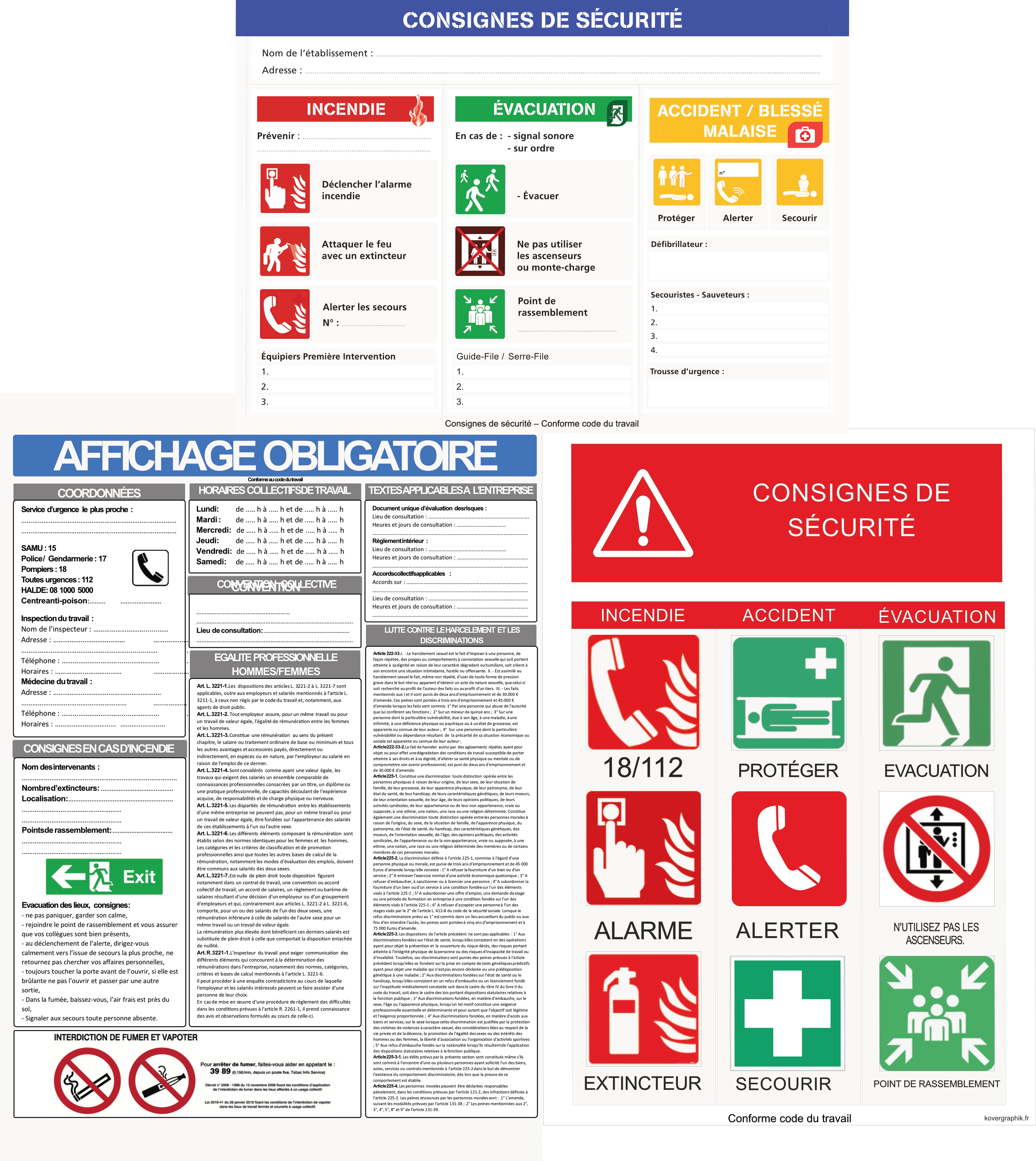 Pack 3 Affiches A3 Sécurité Entreprise – Consignes Personnalisables + Affichage Obligatoire + ISO 7010 | Sticker ou PVC 3mm