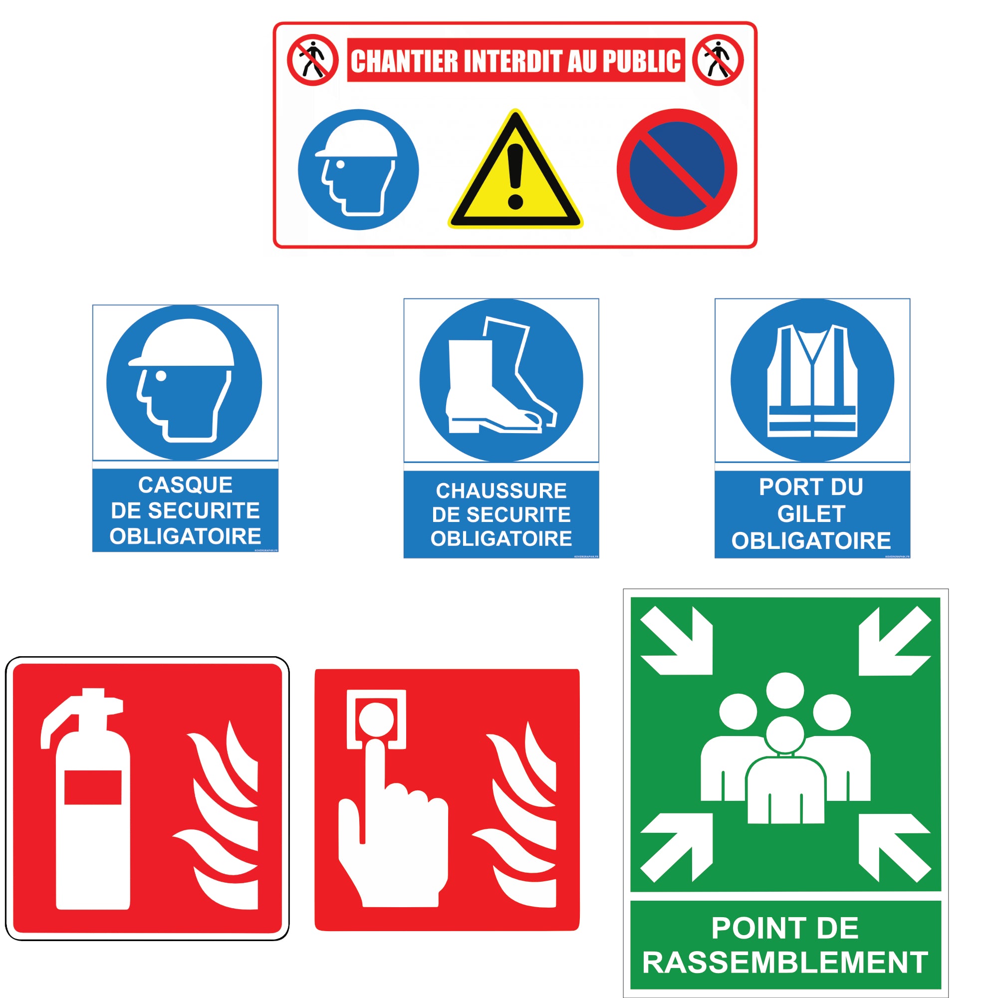 Kit Signalétique Sécurité Chantier BTP – Pack 7 Éléments Conformes ISO 7010 | EPI, Extincteur, Évacuation