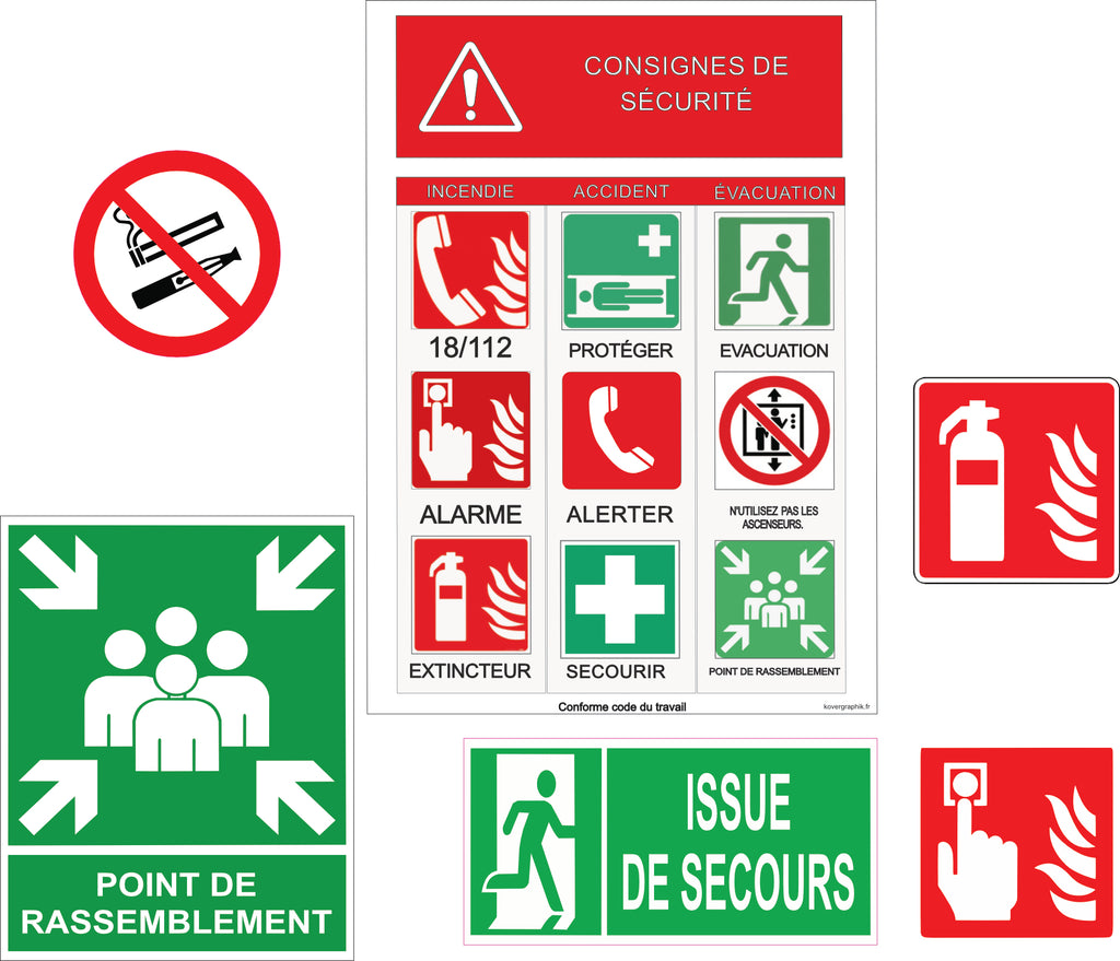 Kit Signalétique Sécurité Bureau – Pack 7 Éléments Conformes ISO 7010 | Alarme, Extincteur, Évacuation