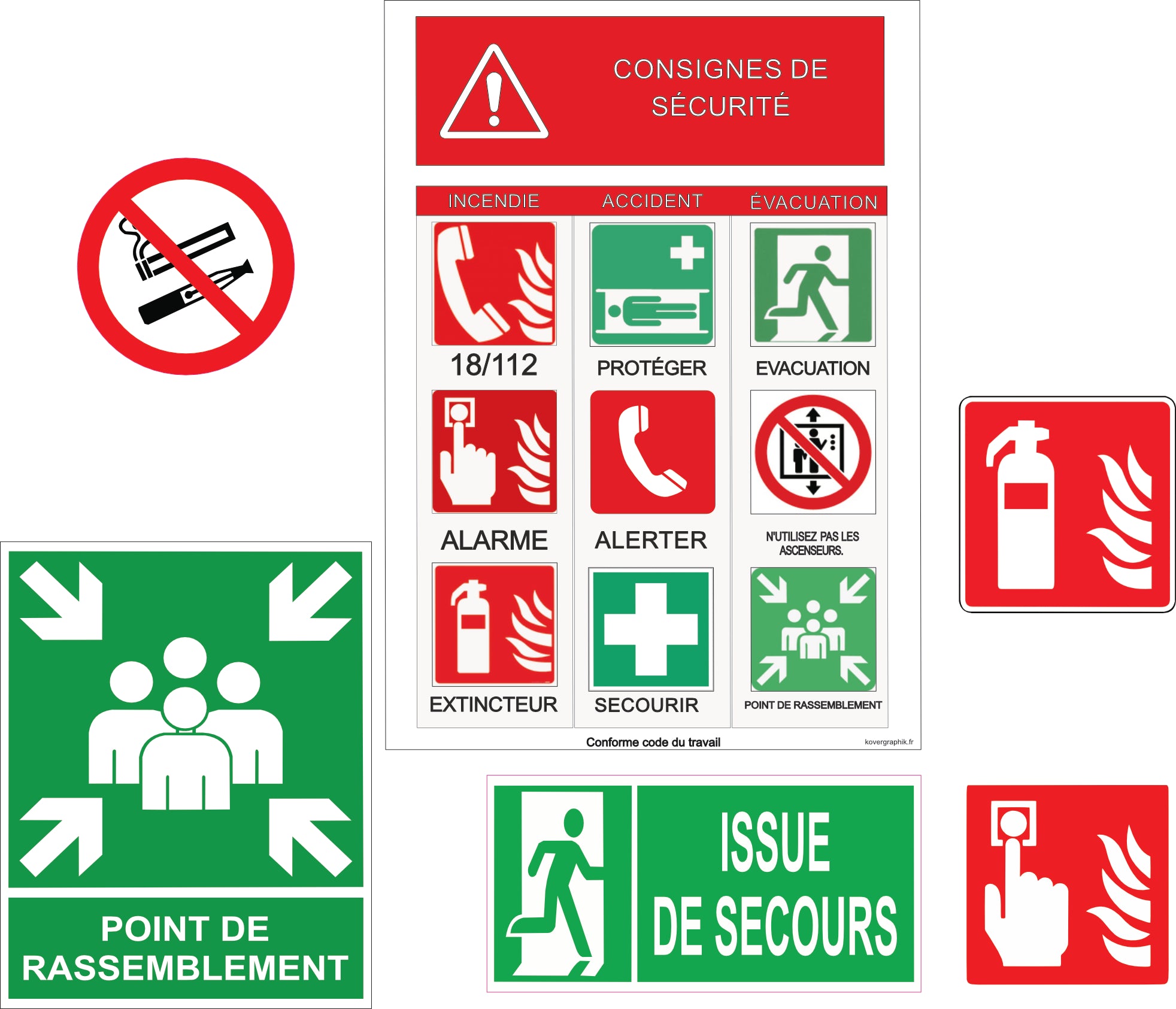 Kit Signalétique Sécurité Bureau – Pack 7 Éléments Conformes ISO 7010 | Alarme, Extincteur, Évacuation