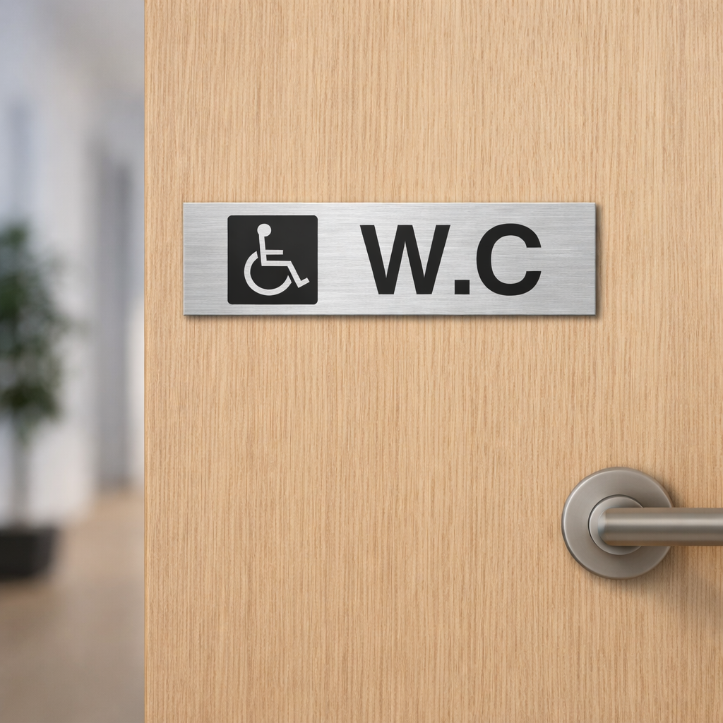 Plaque WC PMR gravée – PVC bicouche aspect aluminium brossé 20x5 cm